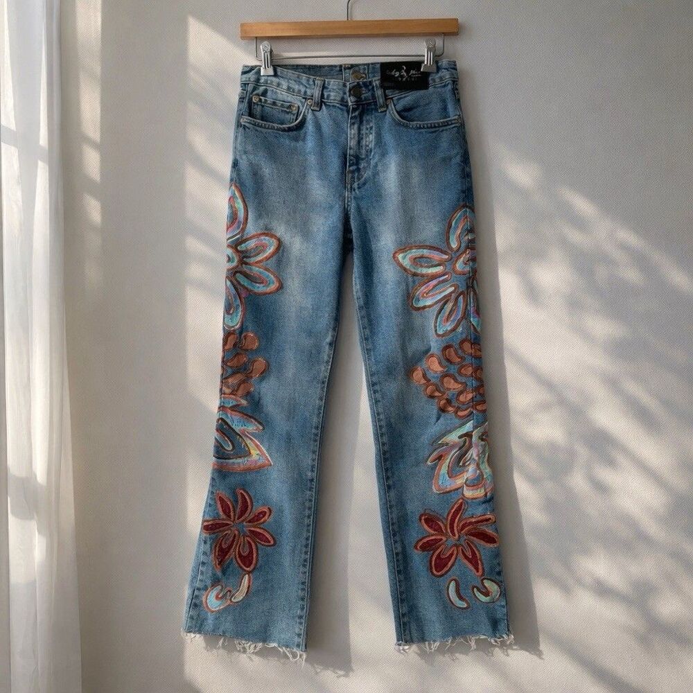 Baby Phat Jeans Womens Floral Painted Denim Y2K Straight Leg Art Jeans 28x32